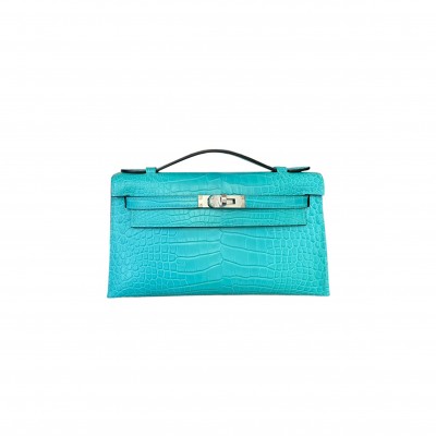 HERMÈS MASTER  KELLY CLUTCH MATTE CROCODILE MACARON BLUE SILVER BUCKLE (22*14*7cm) 